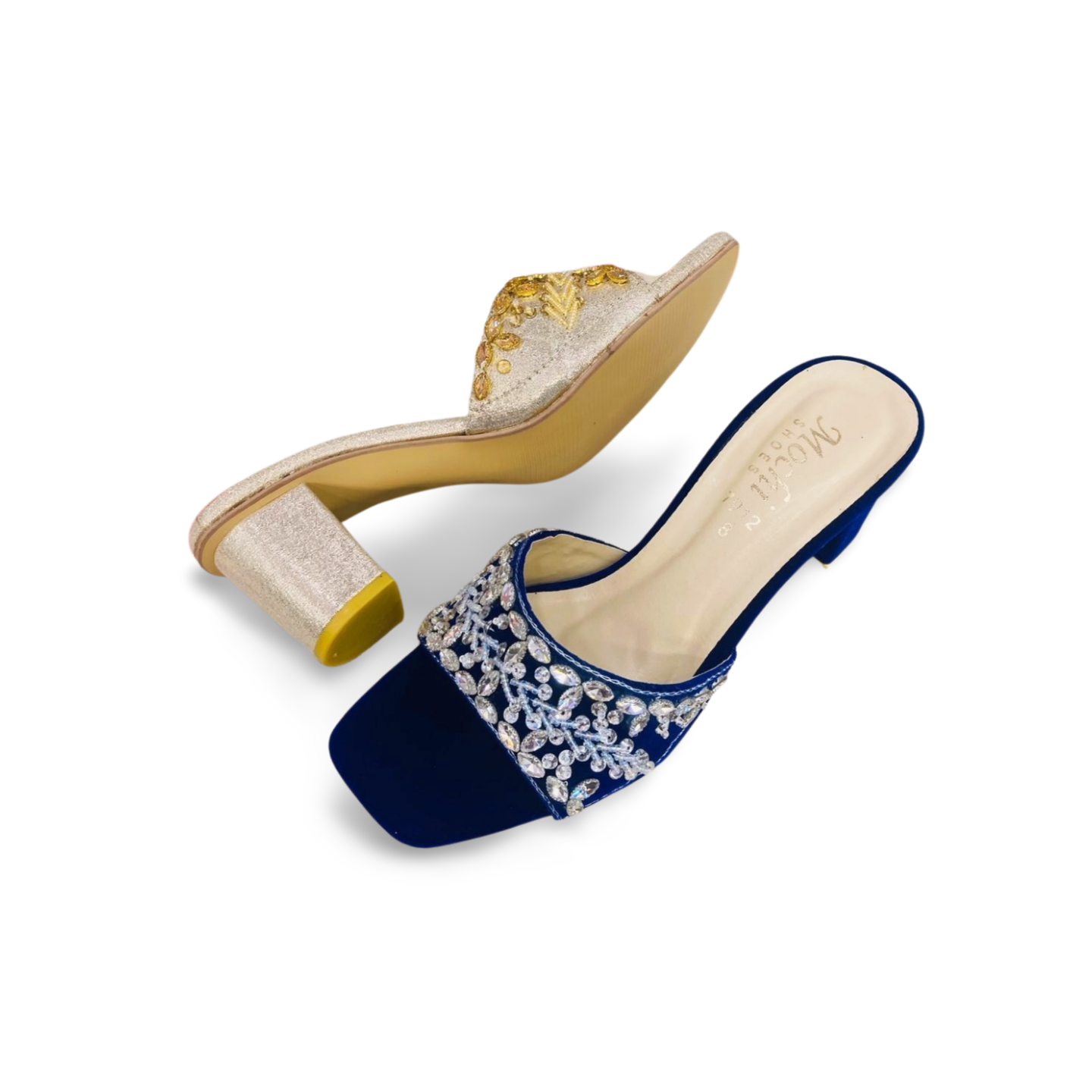 Blue Gold and Black Velvet Embroidered Block Heel Mules by The Mochies Shoes Hyderabad